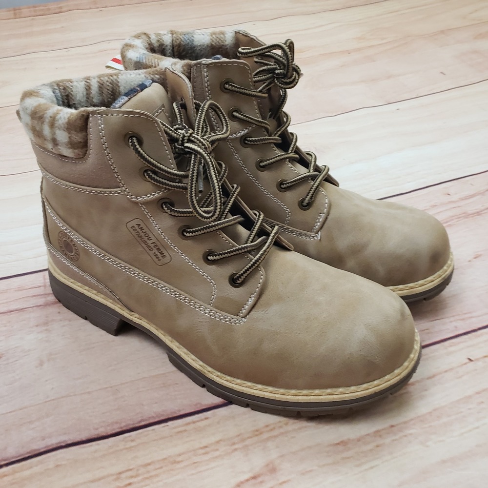 Anjou Femme Tan Plaid Collar Lace Up Hiking Boots Womens 8.5 Side Zip Lug Sole